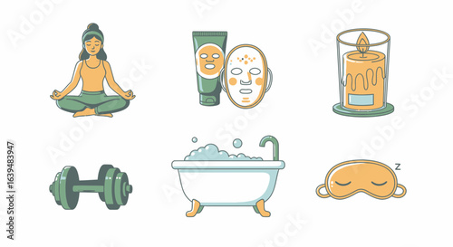 Illustration showing various self care activities including yoga and beauty treatments and relaxation