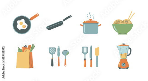 Illustration of kitchenware and food items including pans, pots, utensils, and a blender set up nicely