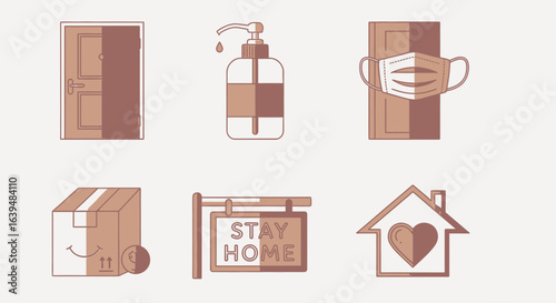 Illustration showing door, sanitizer, mask, package, stay home sign and house with heart icon design