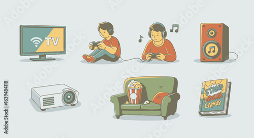 Illustration depicting leisure activities including gaming television music and reading with couch popcorn