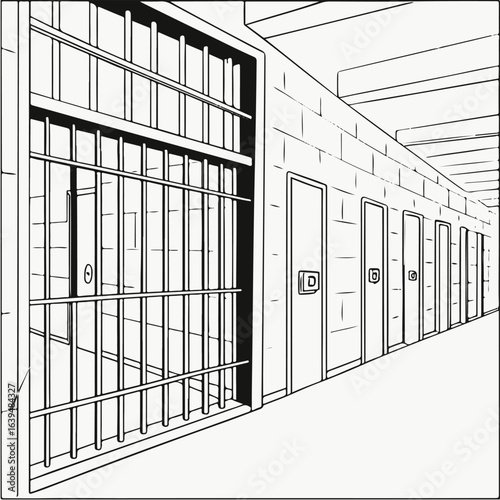 Prison Cell Corridor Illustration – Black and White Jail Interior
