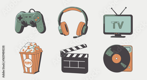 Illustration showing a game controller headphones television popcorn clapperboard and a vinyl record player
