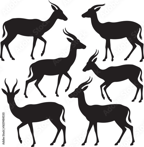 Six black silhouettes of gazelles in various poses on a white background antelope animal