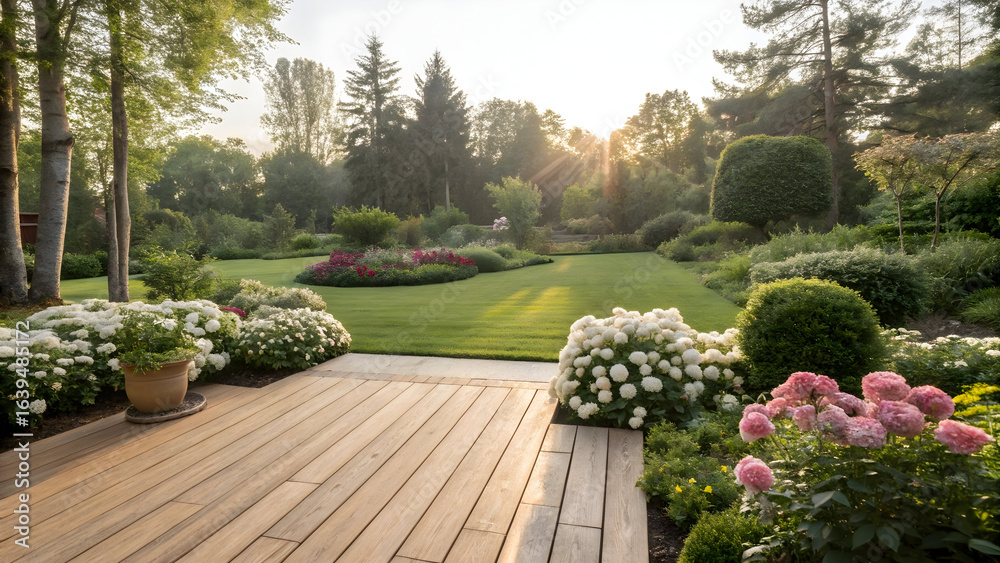 Fototapeta premium Beautiful Garden with Lush Green Lawn and Flowerbeds at Sunrise Serene Outdoor Scene with Wooden Deck and Blooming Hydrangeas