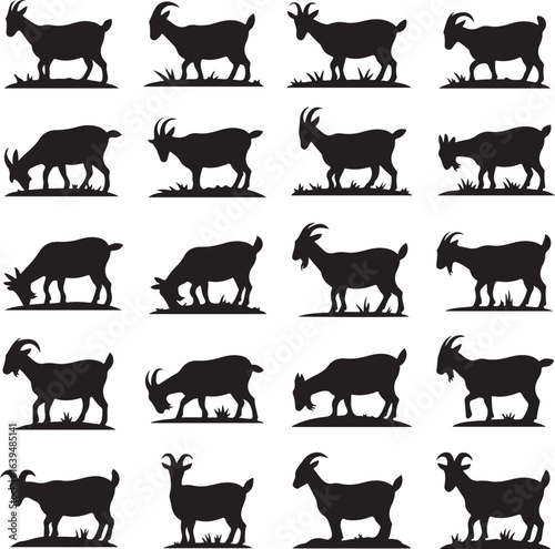 Collection of 16 black silhouettes of goats grazing and standing animal wildlife