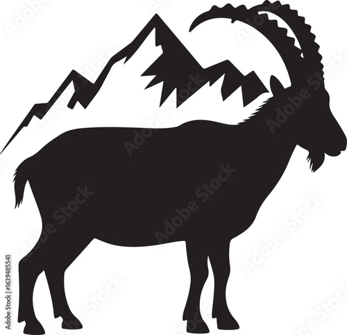 Black Silhouette of an Ibex with Mountains in the Background on White goat mountain goat