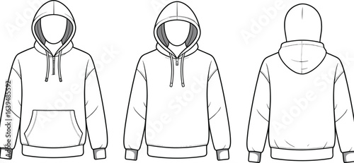Blank hoodie front, side, and back view, fashion flat sketch, hooded sweatshirt design template, apparel technical drawing, casual clothing illustration