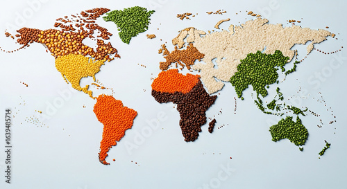 Vibrant world map crafted from diverse legumes and seeds, showcasing global food diversity and resources