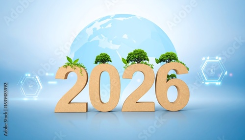 Year 2026 in Cardboard with Plants and Earth Globe Background