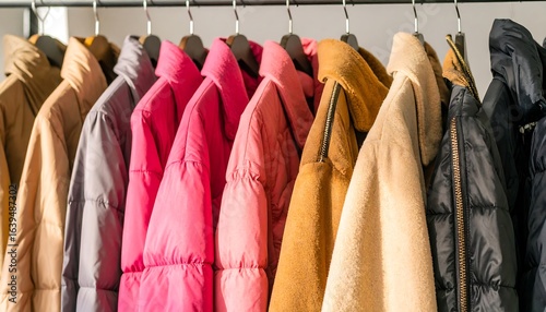 Colorful Puffer Jackets Hanging on a Rack, Featuring Pink, Beige, and Black Winter Coats