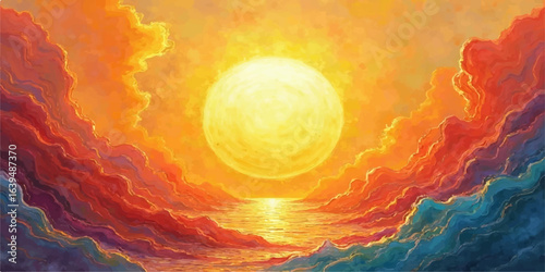 An abstract, fiery sunset over the sea with colorful clouds and light