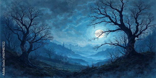 A cold winter night landscape with a lone tree silhouetted against a cloudy sky and the moon