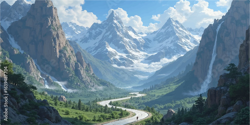Breathtaking panoramic view of the Swiss Alps with snow-capped peaks, green valleys, and a clear blue sky