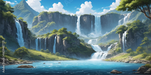 A beautiful waterfall cascades down a rocky cliff in Yosemite National Park