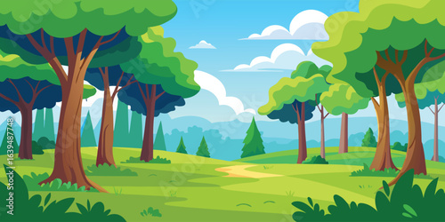 Green Forest Landscape Vector Background. A flat design cartoon illustration of a park with a path and trees. A simple summer nature scene for a kids book, wallpaper, or travel poster.