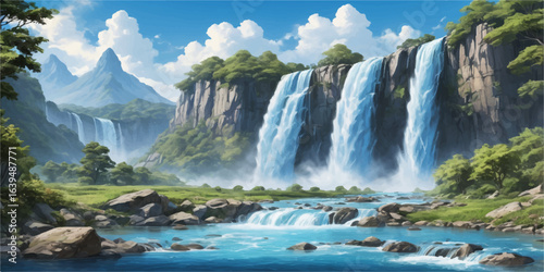 Beautiful flowing waterfalls cascading over granite rocks in a lush Yosemite National Park landscape