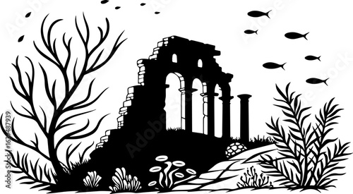 Vintage Woodcut Style Underwater Ancient Ruins with Marine Life