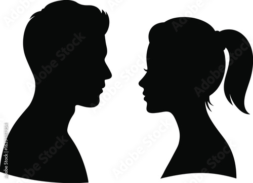 Man and woman silhouette, face profile vector, couple illustration, romantic design, black and white headshot, people shadow art