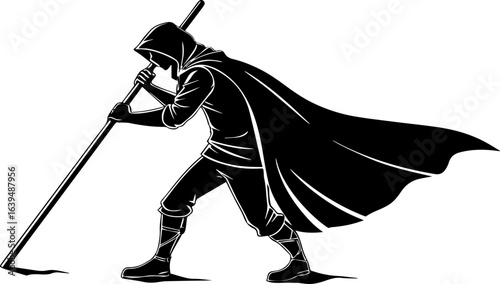 Black and White Woodcut Style Monk or Wizard with a Staff and Hooded Cape