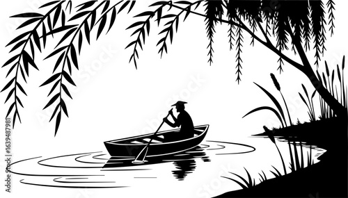 Black and White Woodcut Style Person in a Rowboat under Willow Trees