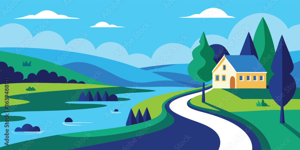 Fototapeta premium House by the River Landscape Vector. A flat design illustration of a modern countryside scene. A minimalist nature background with a road and hills for a real estate poster or a banner.