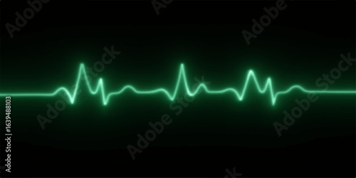 Green line showing an electrocardiogram heartbeat on a medical monitor with abstract waves, illustrating a healthy pulse rate