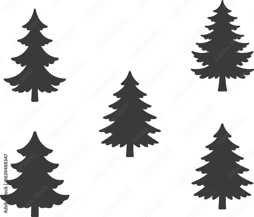 Fototapeta premium Set of 5 black pine tree silhouettes vector