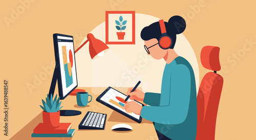 Focused Graphic Designer at Work in a Colorful Home Office