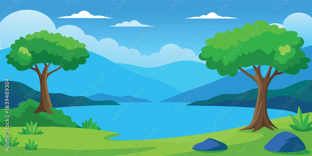 Fototapeta premium Lake and trees vector landscape background. A flat design cartoon illustration of a serene nature scene. A simple summer wallpaper for a kids book, travel poster, or educational graphic.