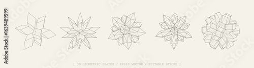3D vector shapes set. Abstract polyhedron forms in geometry style. Geometric elements includes wireframe lines, crystal, cubes, polygon structures. Mesh graphic design for tech, math, science concepts