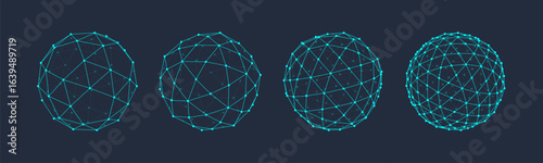 3D vector shapes set. Abstract polyhedron forms in geometry style. Geometric elements with lines and dots wireframe, spheres, polygon structures. Mesh graphic design for tech, math, science concepts
