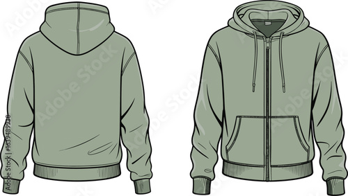 Front and back view hoodie, casual sweatshirt design, green zip-up hoodie template, fashion clothing illustration, unisex apparel mockup, sportswear garment drawing
