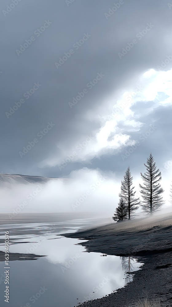 Fototapeta premium Misty Mountain River Landscape with Two Pine Trees