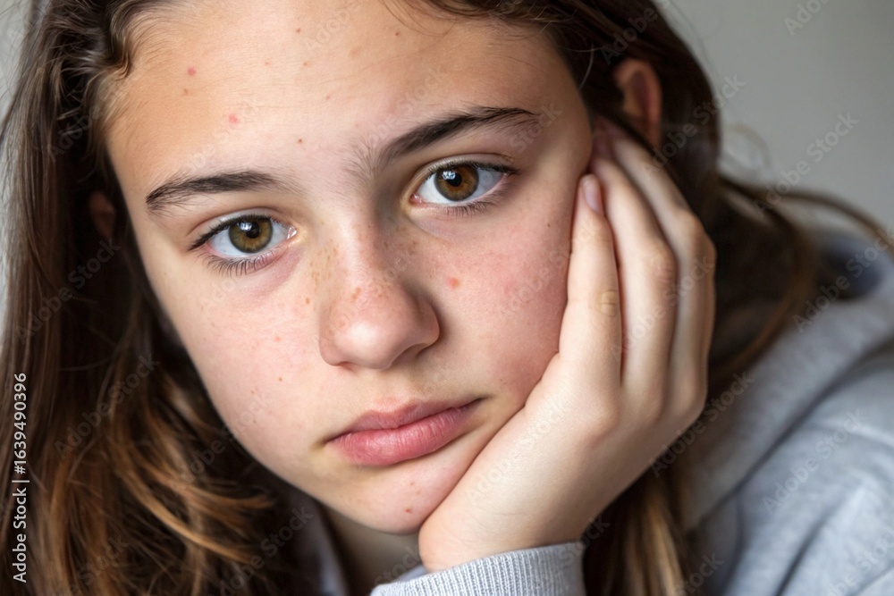 Worried Young Woman with Acne Touching Face in Thought Worried Young Woman with Acne Touching Face in Thought