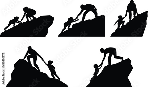 Silhouette of adults helping children climb mountains, symbolizing mentorship, teamwork, support, leadership, challenge, family bonding, and personal development growth.