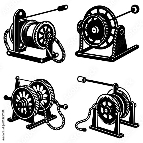 Illustration of four different winch mechanisms with handles and rope in black and white style