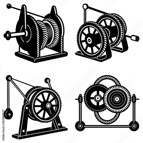 Illustration showing four different mechanical winches with gears and ropes in black and white style