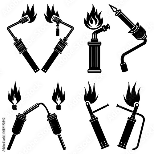 Collection of black and white vector illustrations of blowtorches with flames in various configurations