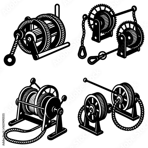 Illustration showcasing four distinct mechanical winches with ropes and gear mechanisms in black and white
