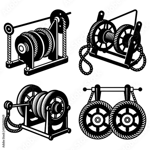 Illustration of four different mechanical winches with ropes and pulley systems in black and white