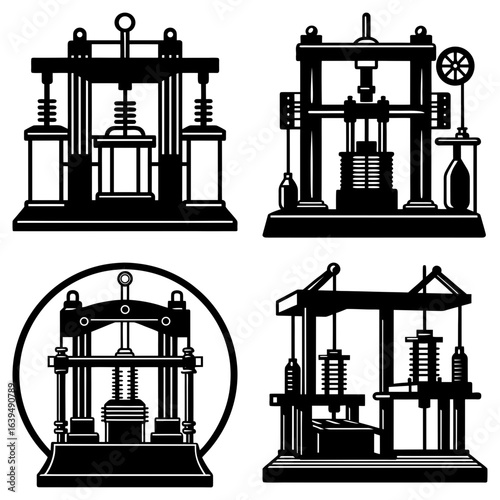 Illustration showing four different mechanical presses with detailed designs and structural elements shown clearly