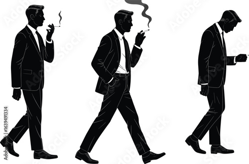 Silhouette of businessman smoking cigarette, walking and standing, black and white vector illustration, addiction, stress, lifestyle, bad habit