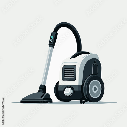 Illustration of a modern canister vacuum cleaner, a concept for household chores and home appliance technology. Vector graphic of cleaning equipment isolated on a light background.