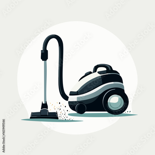 Illustration of a modern canister vacuum cleaner sucking up dust and dirt from the floor. A concept of household chores and domestic hygiene.
