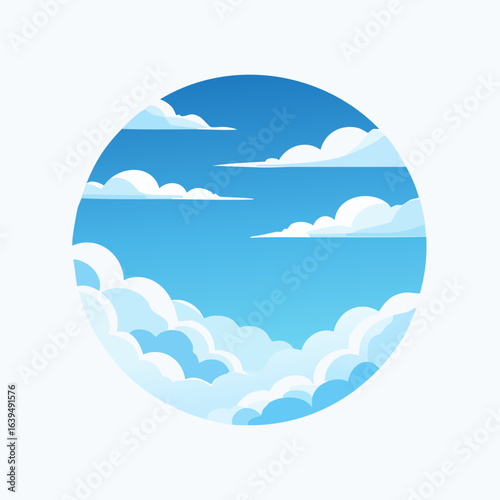 Peaceful blue sky with white fluffy clouds in a circular icon. A beautiful vector illustration representing tranquility and clear weather.