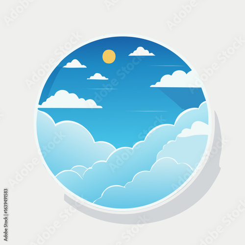 Peaceful daytime skyscape with a bright sun and soft, fluffy clouds. A clean, modern circular graphic illustration representing fair weather.