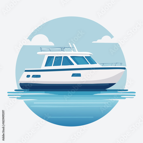 Flat design vector illustration of a luxury motor yacht on the calm blue sea. A modern icon representing maritime travel, vacation, and leisure.