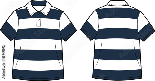Men’s rugby polo shirt front and back view, navy and white striped short sleeve, classic collar casual fashion design mockup illustration