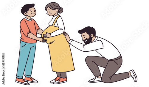Happy family concept. A bearded man and his pregnant wife are standing nearby and hugging. A man stroking his wife s tummy. Flat cartoon vector illustration with fictional characters isolated on white