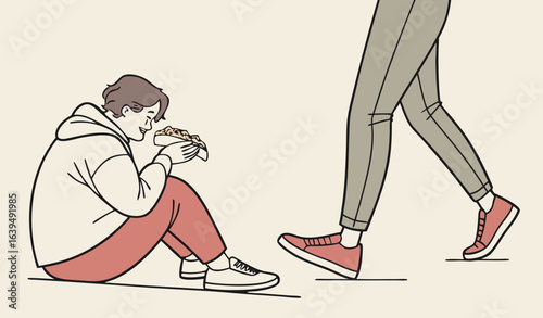 Person with mental disorder. Fatty man eat junk food. Mental and psychological problems. Guy with chicken legs. Graphic element for website. Linear vector illustration             